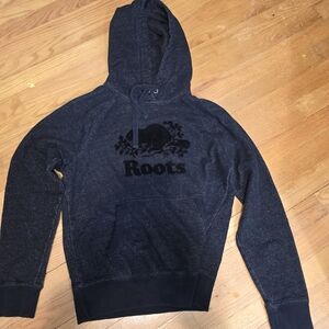 Roots Womens XS Pullover Hoodie Beaver Logo Flocked Graphic Dark Heather Navy